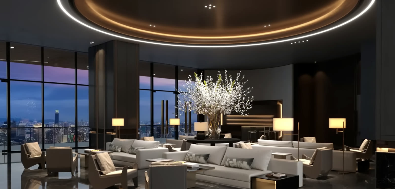 Luxury interior lounge with city views